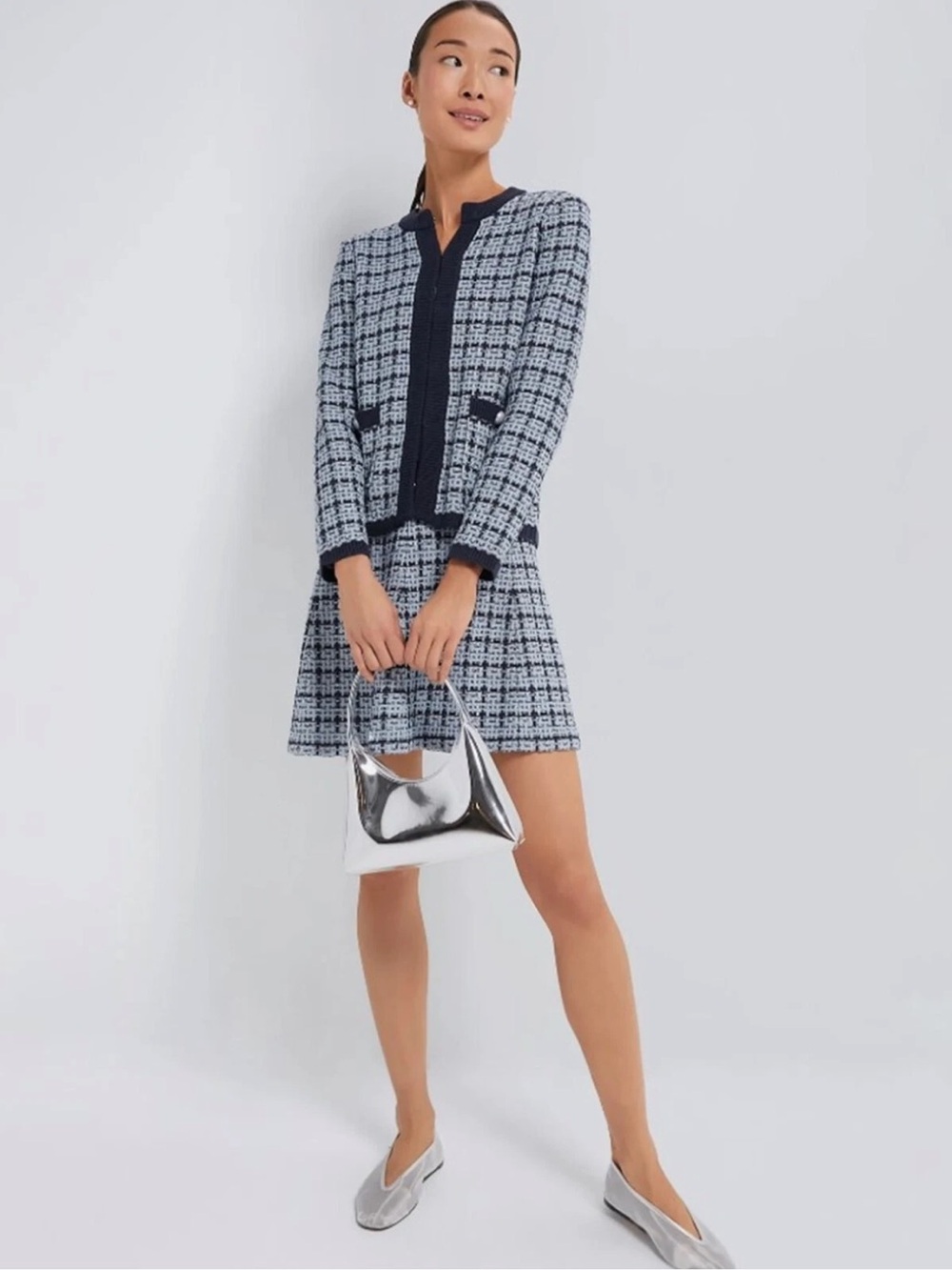 Venita Aspen x Sail to Sable Navy/faded denim Two Piece Knit Tweed Skirt Set,